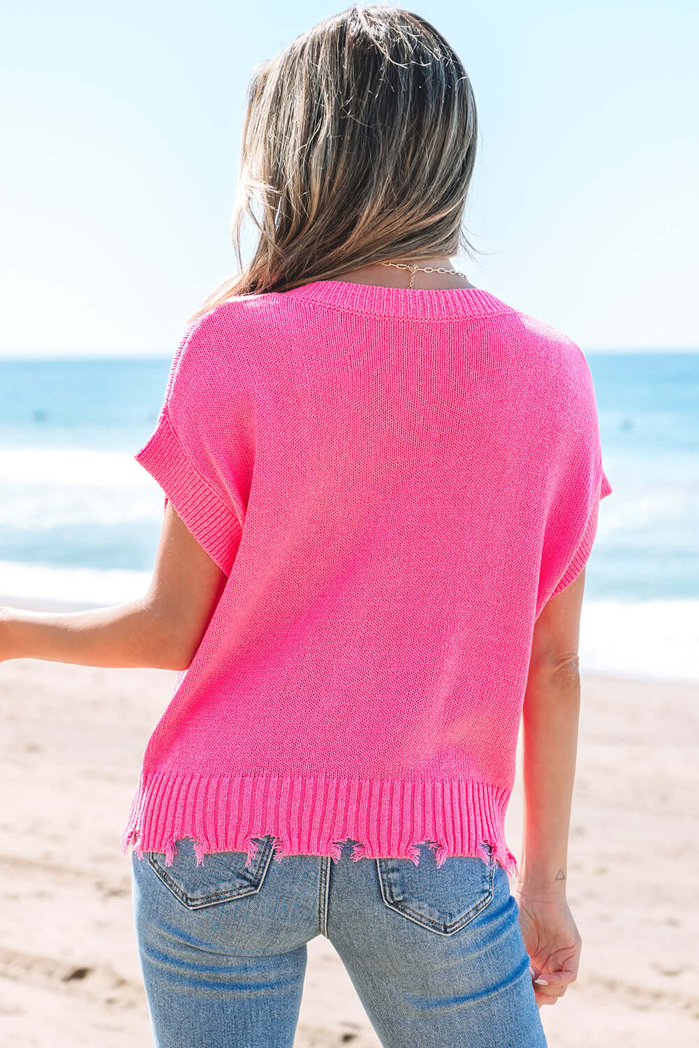  Distressed Hem Buttoned Sweater Tee with Boxy Fit Design