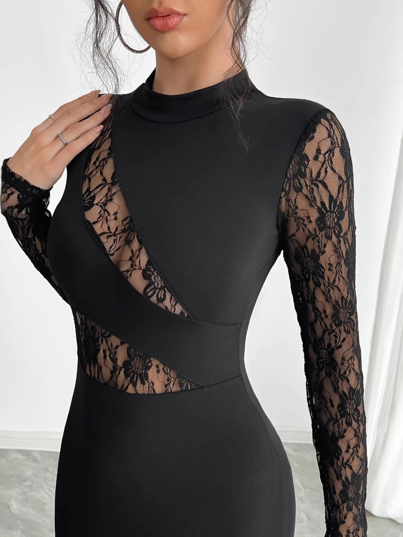 Lace Mock Neck Slit Dress back view