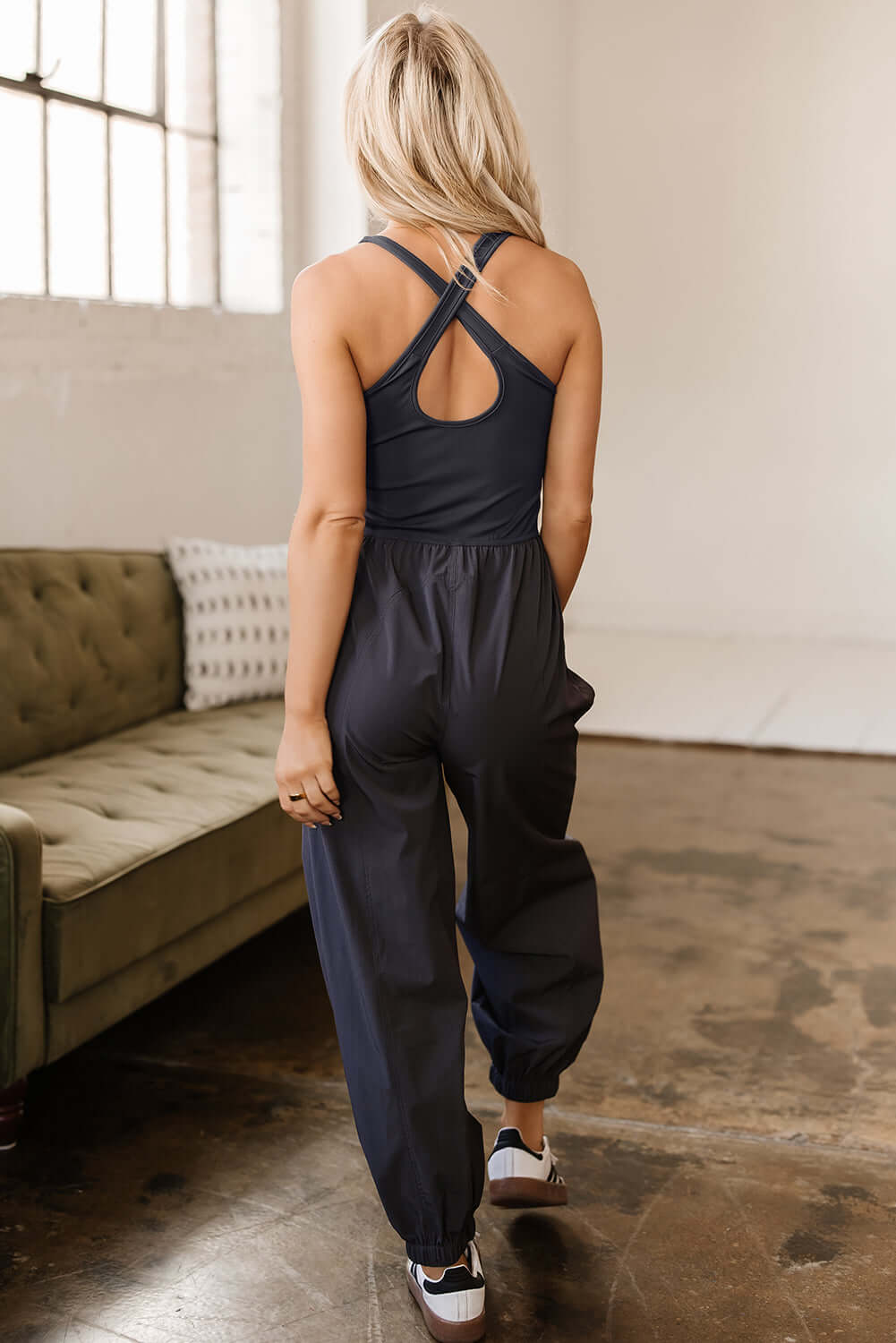 Sleeveless Back Crossed Jumpsuit with Hollow Out Details