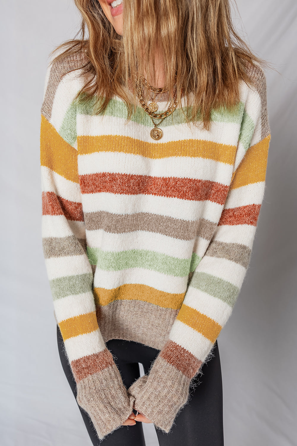 Striped Crewneck Sweater with Drop Shoulder and Ribbed Trim