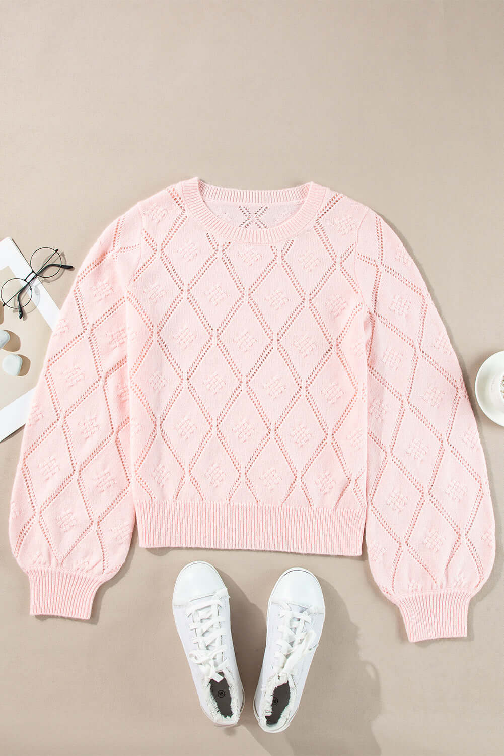 Openwork Plaid Knit Sweater with Puff Sleeves
