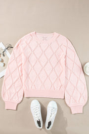 Molly Openwork Plaid Puff Sleeve Cropped Sweater-3