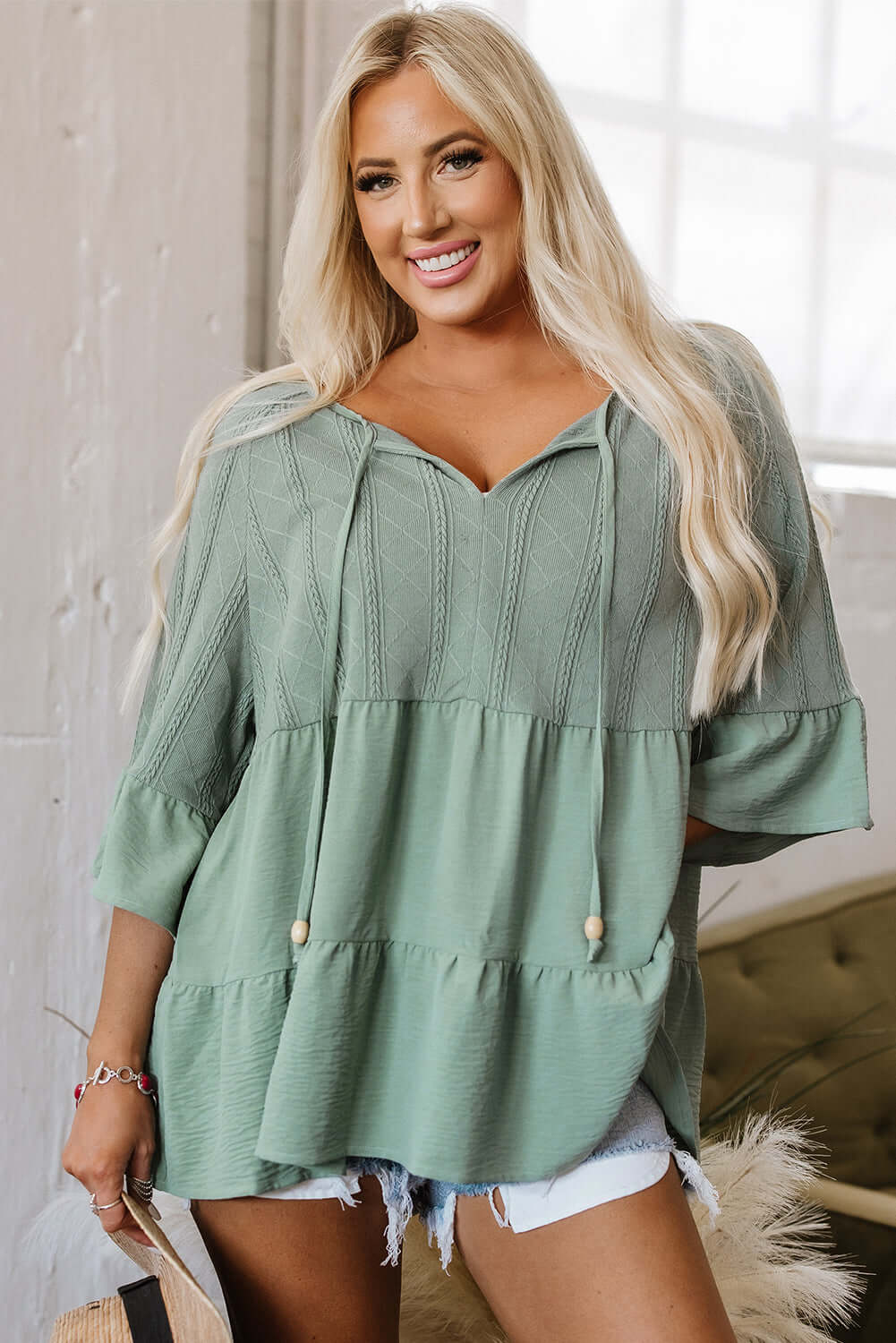 Ruffle Patchwork Blouse - Textured Split Neck Top