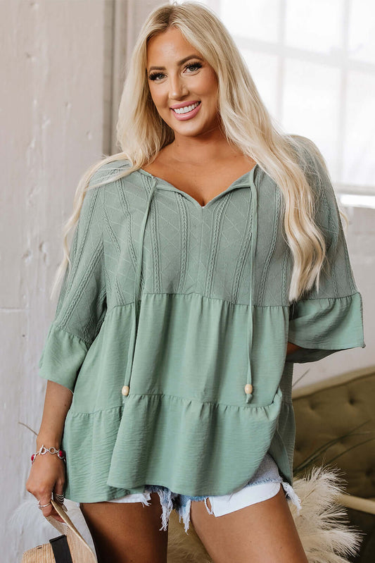 Ruffle Patchwork Blouse - Textured Split Neck Top