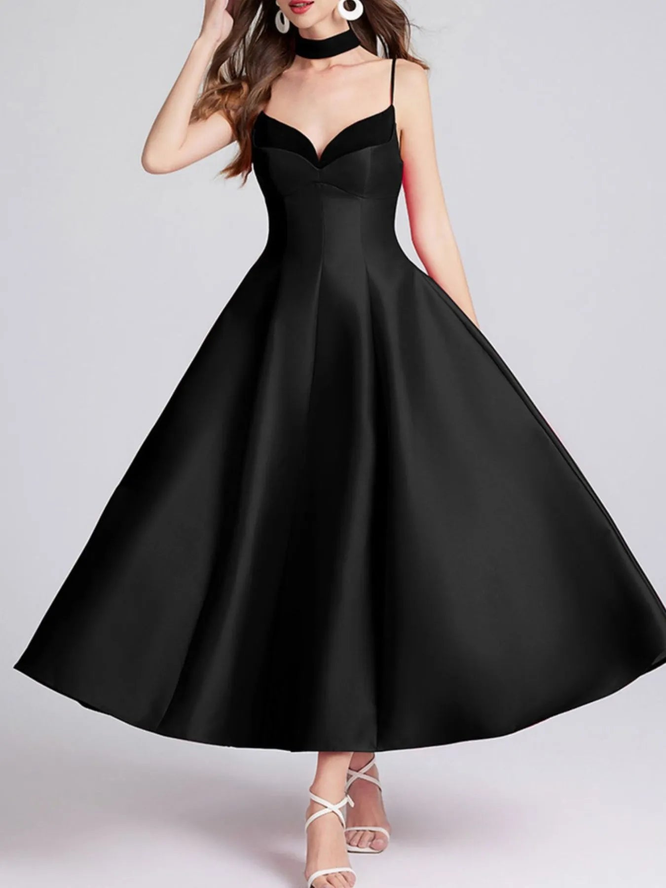 Sweetheart Spaghetti Strap Midi Dress with Collar neckline detail