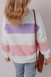 Beige Colorblock Patchwork Drop Shoulder Crewneck Sweatshirt-1