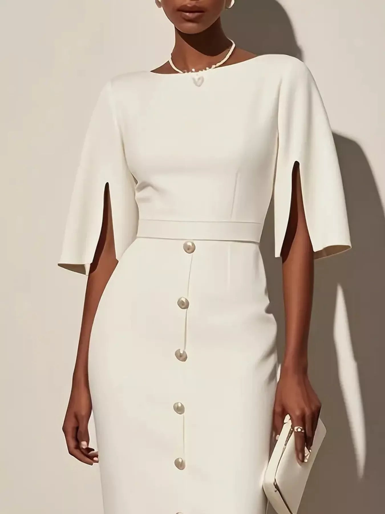 Slit Sleeve Midi Dress with Decorative Button back view