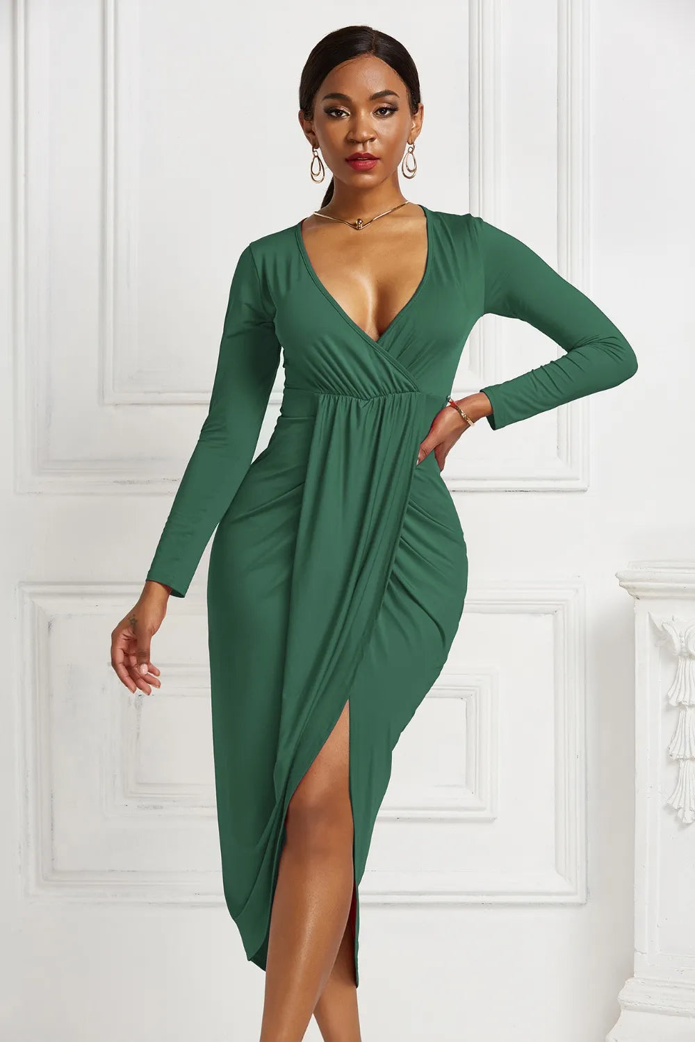 High-Low Ruched Surplice Long Sleeve Dress side view