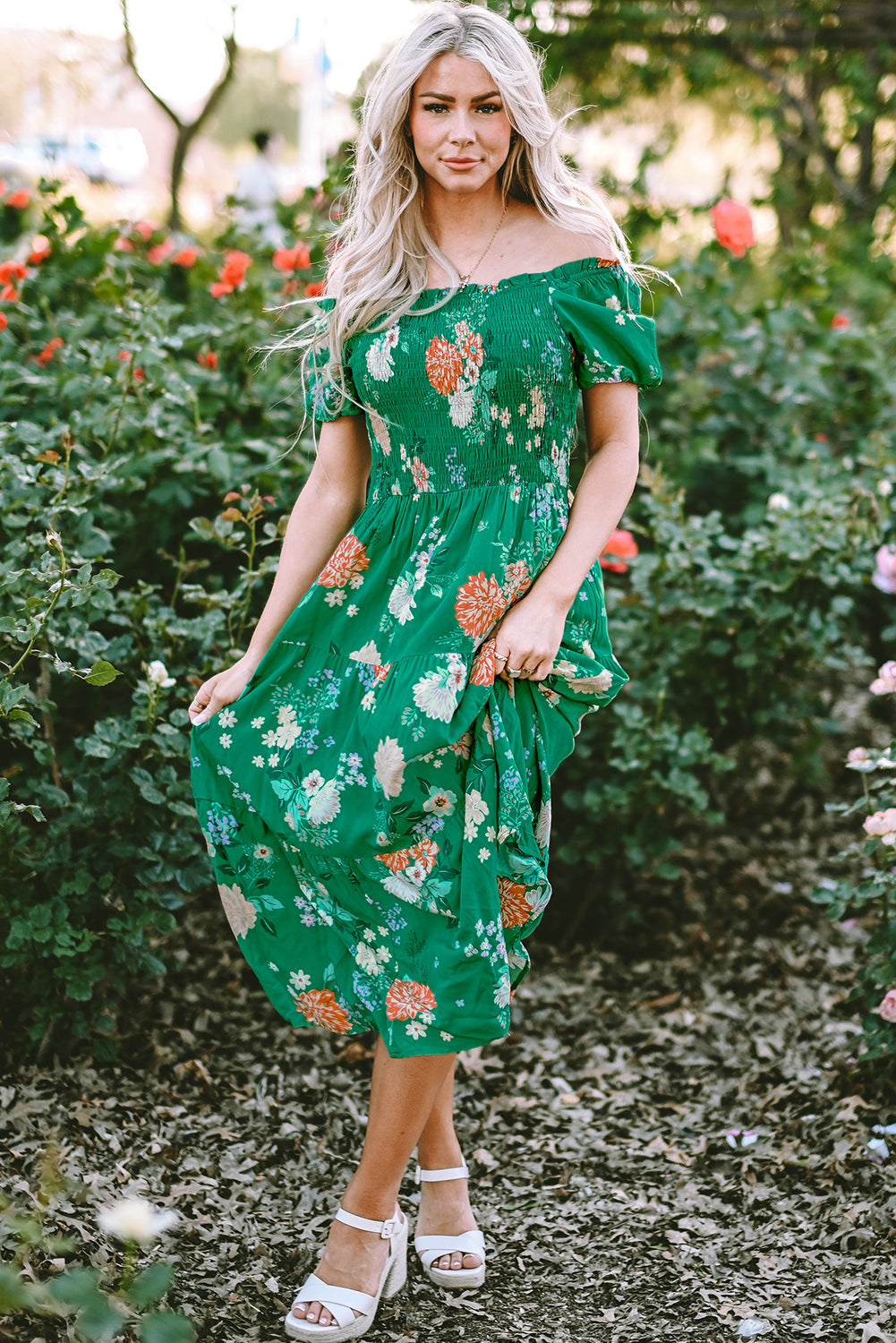 Smocked Bubble Sleeve Dress with Flattering High Waist Design