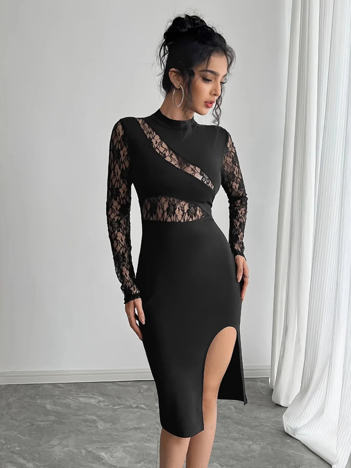 Lace Mock Neck Slit Dress back view