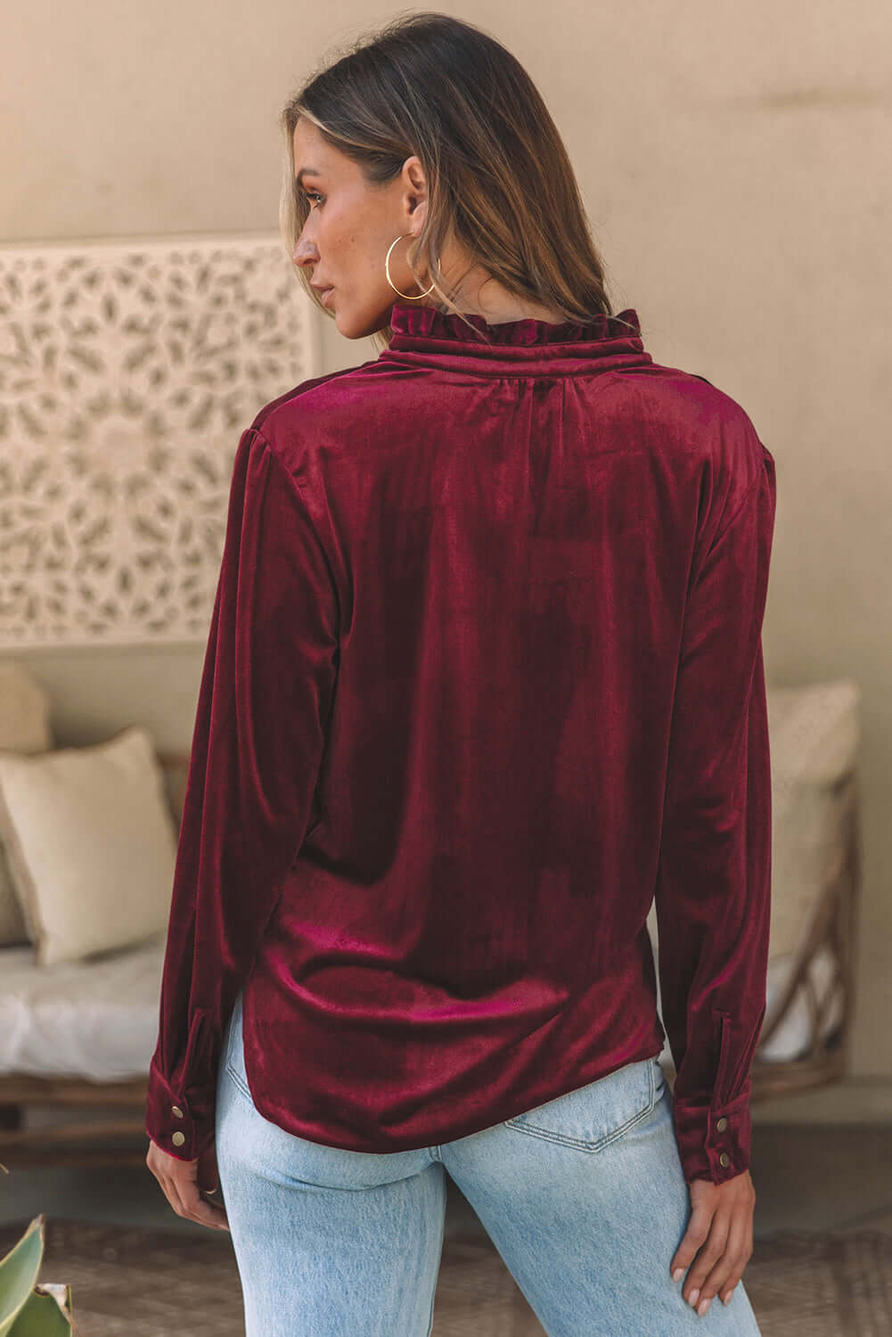  Velvet Frilly Neck Buttoned Top for Elegant Style