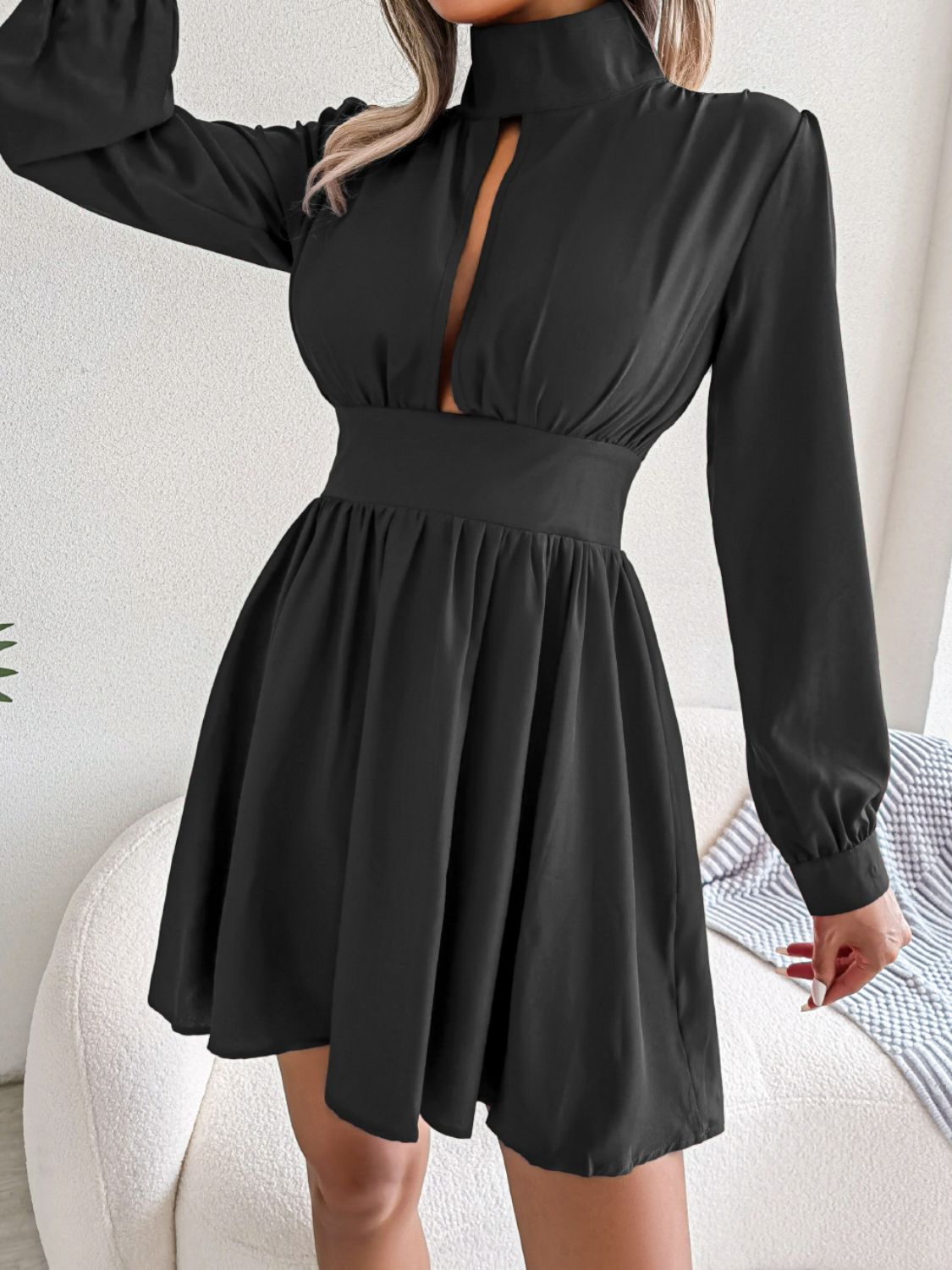  Keyhole A Line Mini Dress Casual Long Sleeve Style