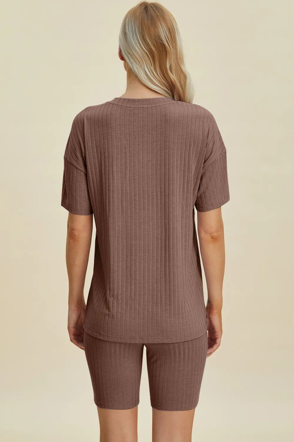 Ribbed V-Neck Short Sleeve Top and Shorts Set for Women