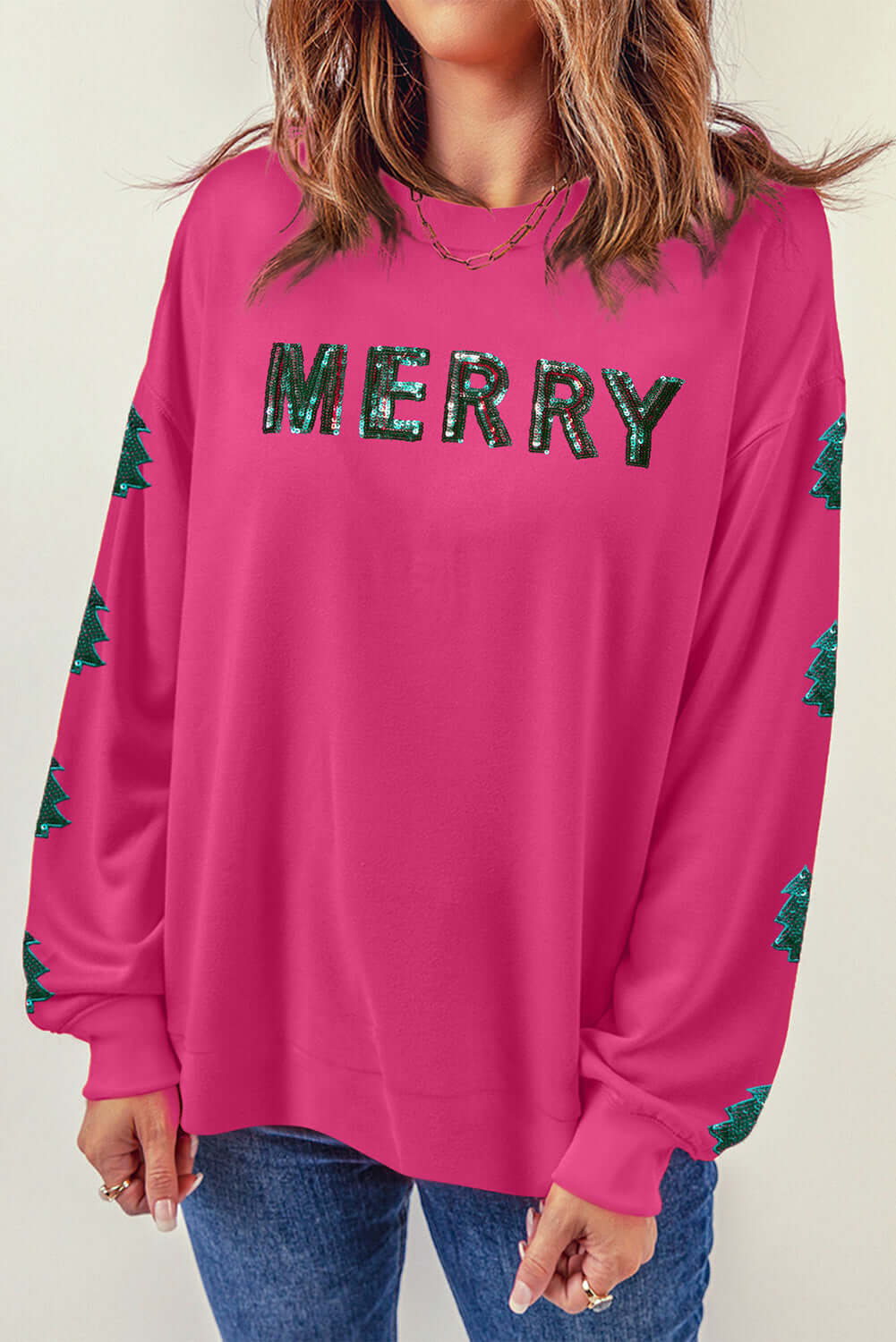Sequin Merry Christmas Sweatshirt with Round Neck and Drop Shoulder