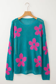 Dulce Big Flower Hollowed Knit Drop Shoulder Sweater-5