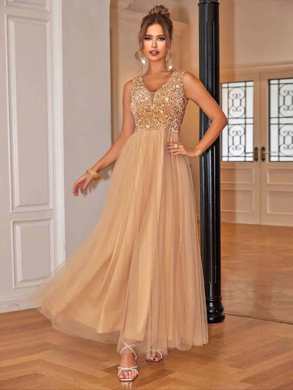 Front view of Sequin V-Neck Sleeveless Dress – sparkling evening dress