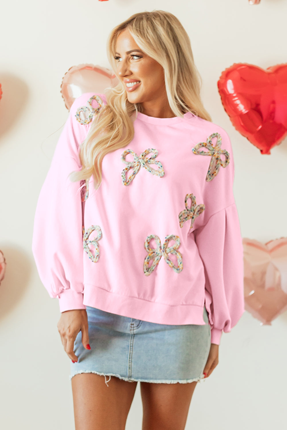 Embroidered Bow Oversized Sweatshirt with Lantern Sleeves
