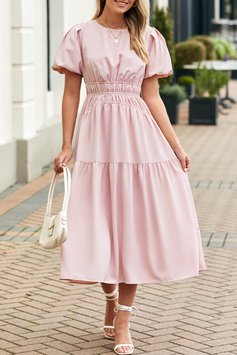 Pleated Puff Sleeve Dress with Textured Waistline