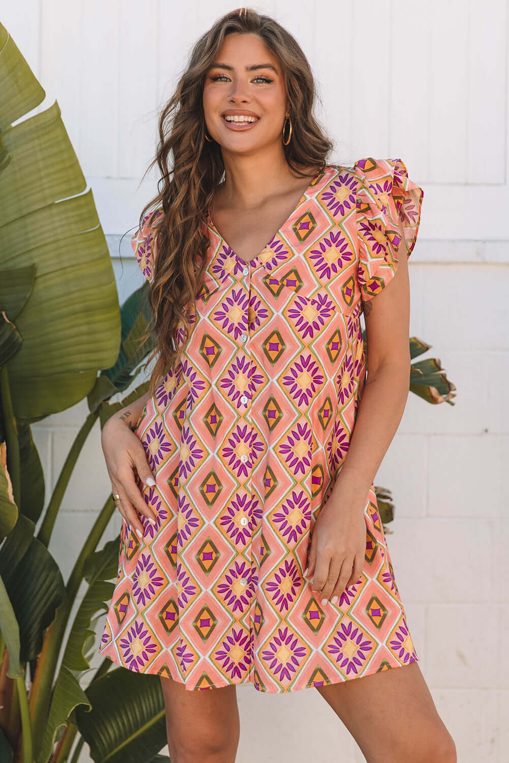 Geometric Floral Ruffle Sleeve Dress - Elegant Western Style