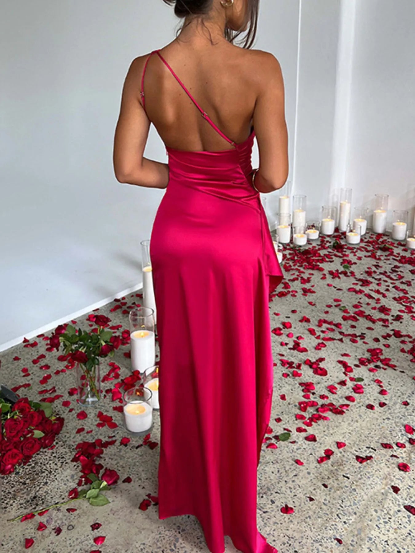 One Shoulder Satin Dress - High Slit Elegant