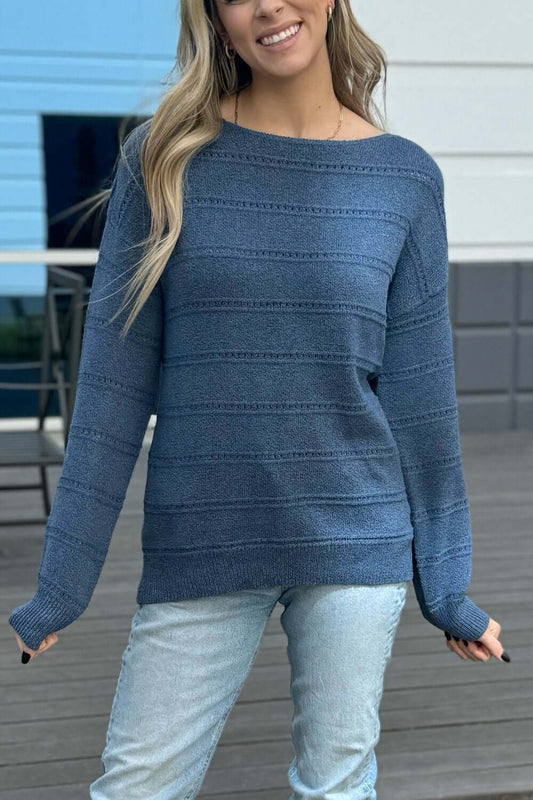 Boat Neck Pointelle Knit Sweater for Women