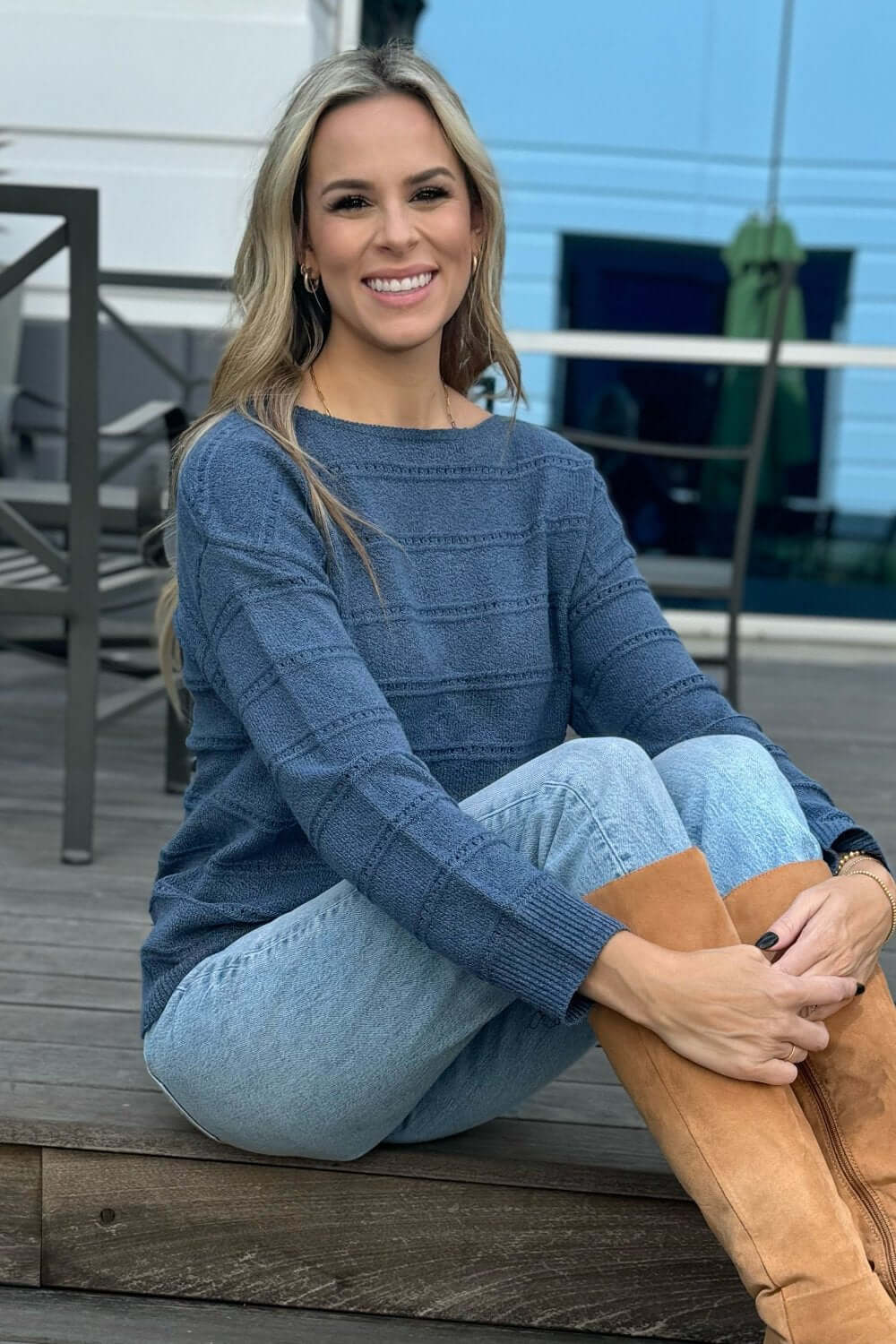 Boat Neck Pointelle Knit Sweater for Women